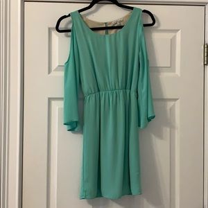 Teal-green open shoulder dress